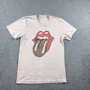 Rolling Stones T-Shirt Women Small Tan Leopard Tongue Graphic Crewneck Band Tee